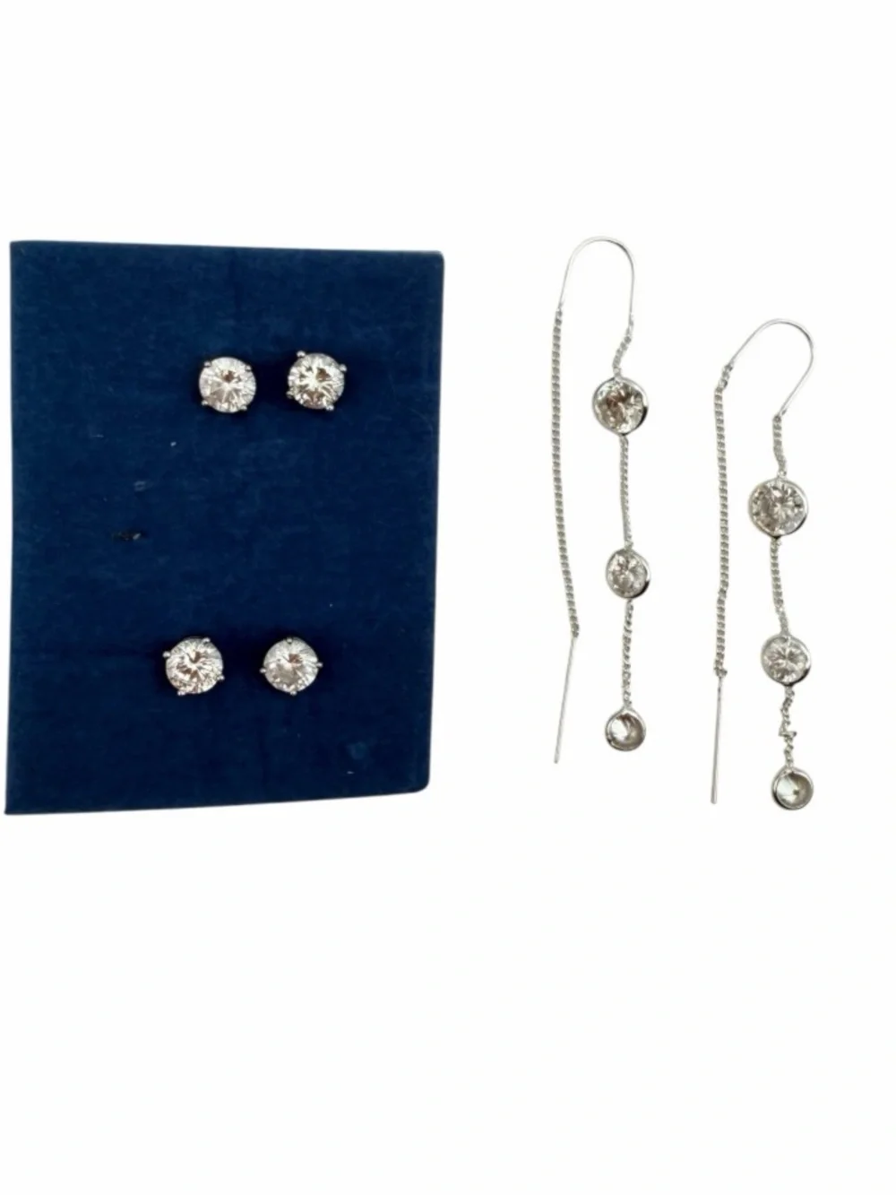 Vintage Avon NOS Crystal Earrings Set 3 Pairs Threader Studs Silver Tone New